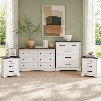 Farmhouse 4-Piece Bedroom Set, White Wash 6-Drawers Dresser & Chest of Drawers with 2 Nightstands