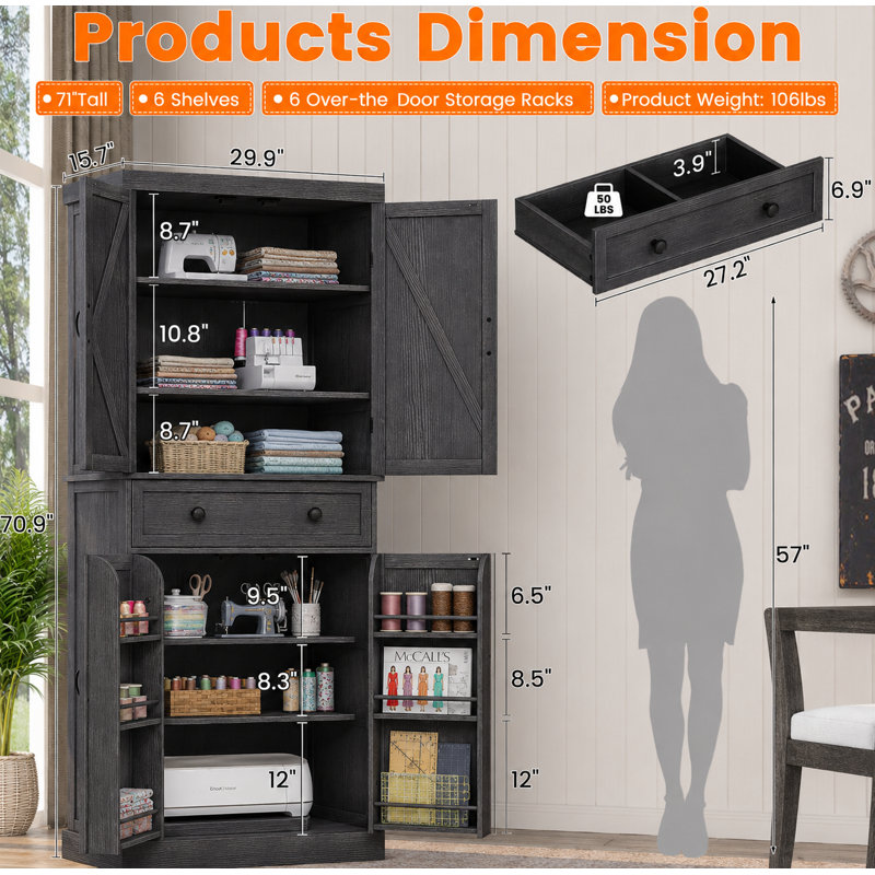 Armoire de rangement pour couture et loisirs créatifs de 183 cm de haut avec étagères réglables, armoire multifonctionnelle pour atelier de couture ou bureau à domicile, blanche