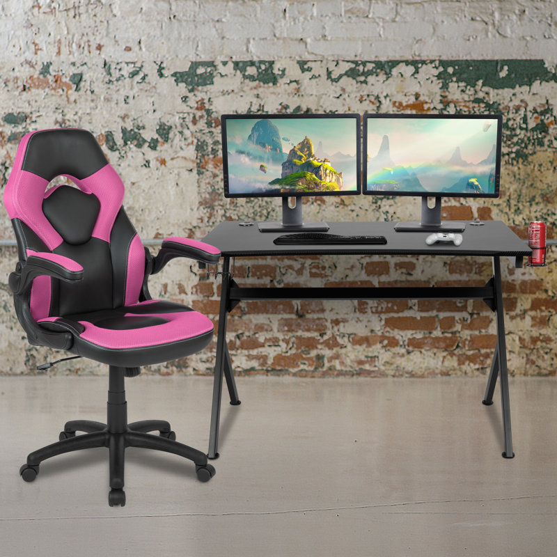Bridesdale Gaming Desk And Racing Chair Set With Cup Holder, Headphone Hook & 2 Wire Management Holes, Pink