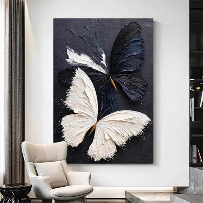 Art mural abstrait noir et blanc avec texture de papillon sur toile 3D, ， Décoration murale de chambre à coucher moderne maison