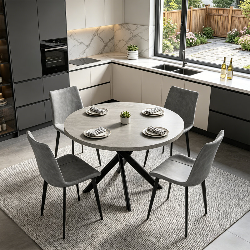 43.4 Inch Round Dining Table Set For 4, Mid Century Modern Small Coffee Set For Dining Room Kitchen Apartment, Gray, Gray