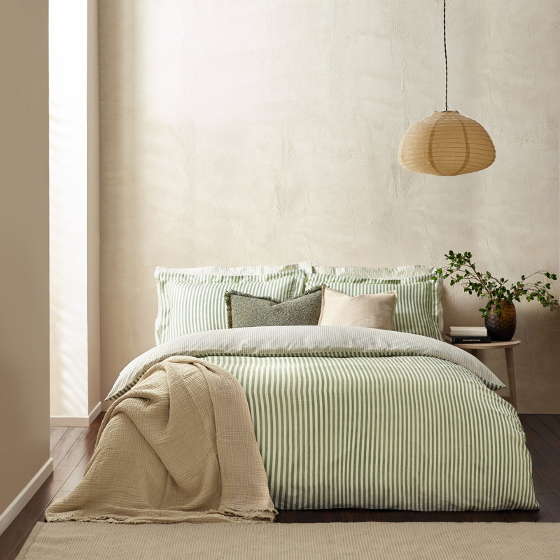 Hebden Mélange Stripe 100% Cotton Duvet Cover Set, Super King Duvet Cover + 2 Standard Pillowcases, Forest Green
