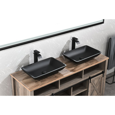 Rectangular Matte Black Glass Vessel Bathroom Sink. 22" X 14" 4". With Faucet & Pop-Up Drain. To Rust And Corrosion. Complete Solution 14". Elegant Style. Corrosion .