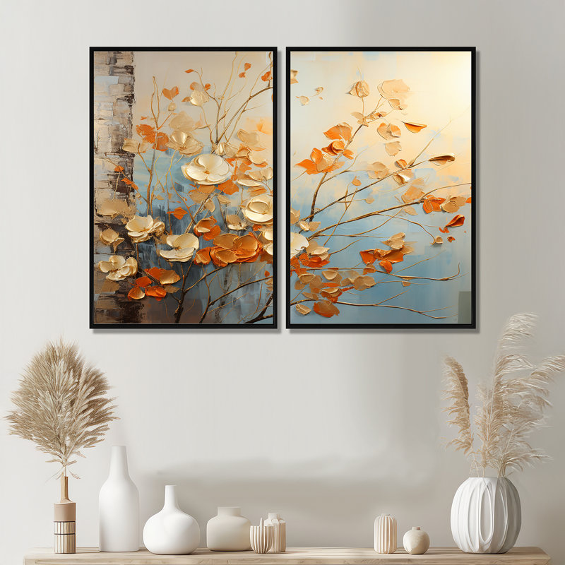 Or et feuilles d'oranges dans la brise II - feuilles, art mural, H 36 po x l 48 po, Impression encadrée flottante, Noir