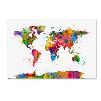 World Travel Maps with Pins on Canvas - Multi Color Palette (Select Map Size: 32 x 24 Inches, Select Map Color: Navy)