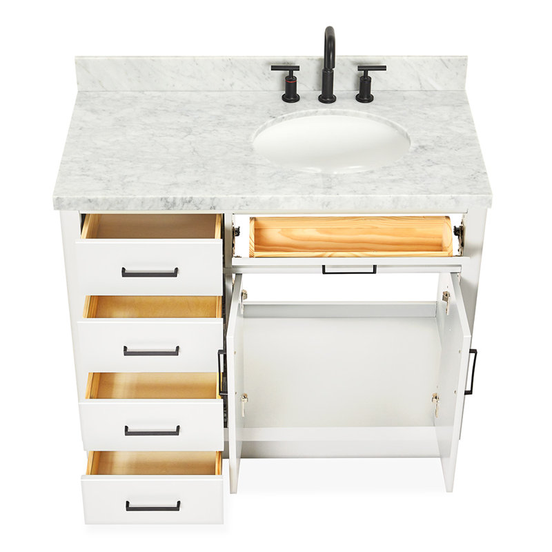 Meuble-lavabo simple en bois massif Tidworth de 42 po avec plateau en marbre de Carrare de 1,5 po, Oui, Ovale, Blanc