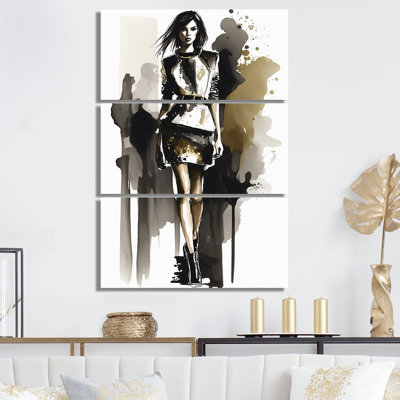 Fashion Model in Retro Gold Design II - 3 pièces, reproduction sur toile tendue