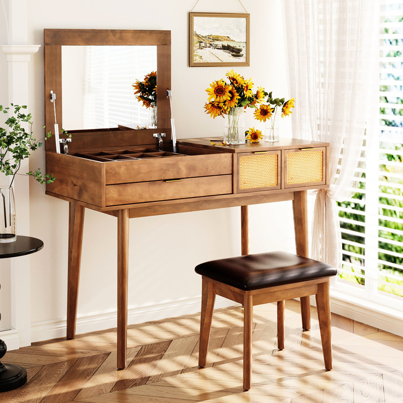 Brown Solid Wood Dressing Table With Flip-Top Mirror & Stool, Three Drawers For Neat Storage 43.3" Makeup Vanity In Wood, And A Charming Beauty Routine