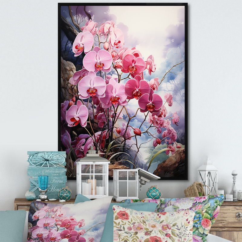 Argile délicate orchidée oasis - impression, H 20 po x l 12 po x P 1 po, Cadre flottant noir