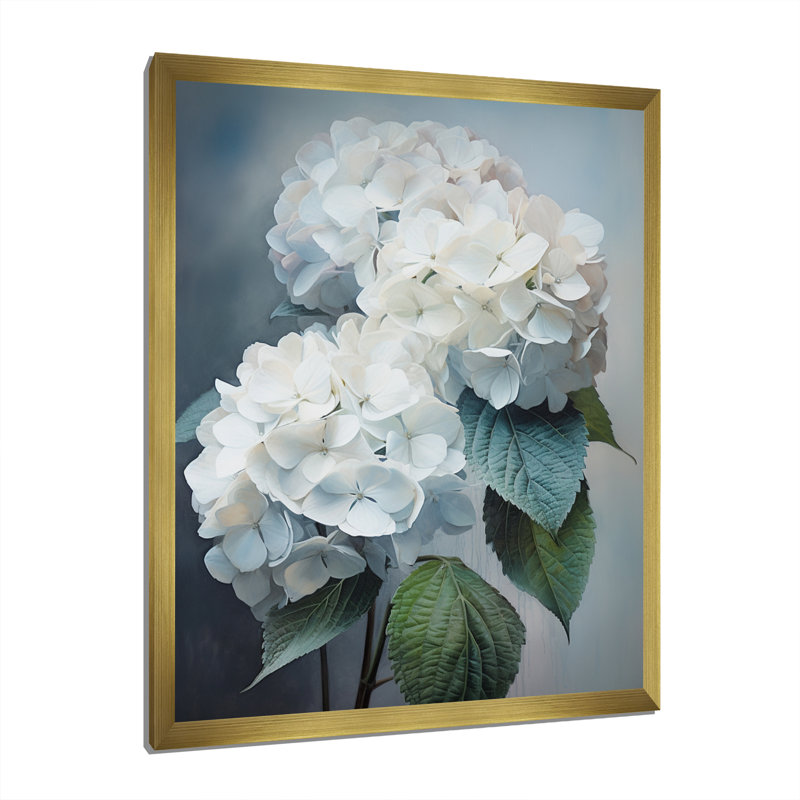 Blanc hortensia, chuchotement - art mural hortensia, H 20 po x l 12 po x P 1 po, Cadre doré simple