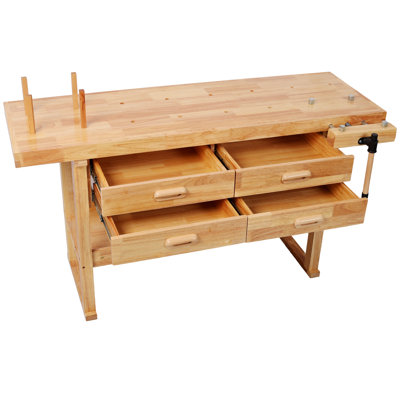 60-Inch Rubber Hardwood Workbench with 4 Drawers, 330LBS Heavy Duty Portable Work Bench, Woodworking Table for Garage, Workshop & Home Storage