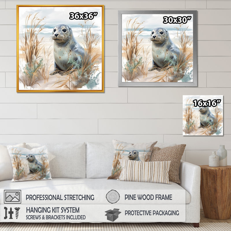 «Coastal Animal Charm In Winter», reproduction d'art sur toile plage et océan, Cadre flottant noir, H 16 po x l 16 po