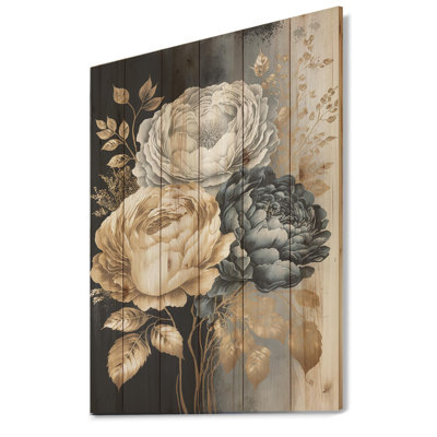 Alexya - bouquet de roses blanches, dorées et noires I - impression sans cadre sur bois