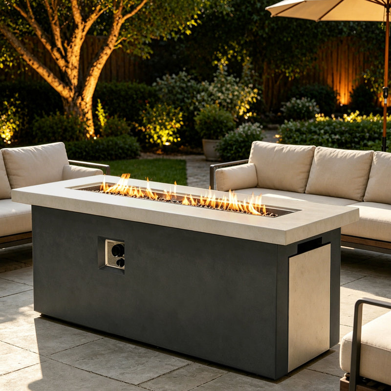 Table rectangulaire pour foyer d'extérieur au gaz en béton avec brûleur au propane et rangement