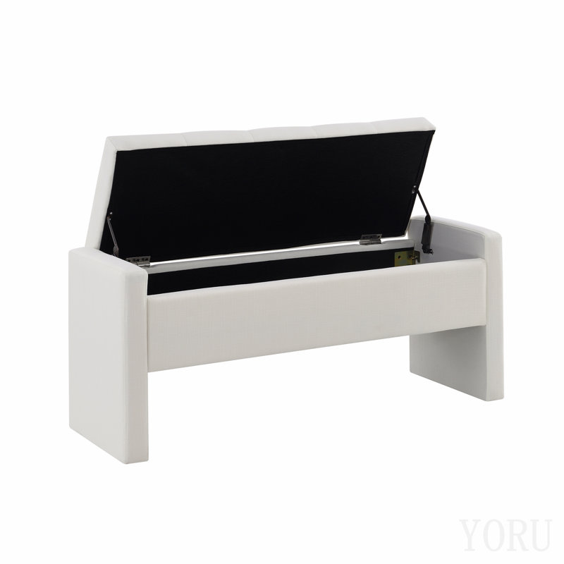 Banc de lit moderne avec rangement, grand repose-pieds rembourré, banc confortable près de la fenêtre pour salon, chambre, dortoir, table basse, lin blanc