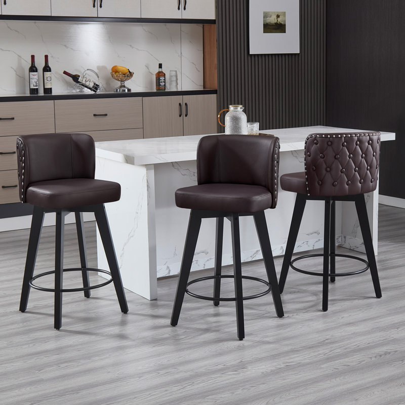27.5IN Swivel Bar Stools Set of 3, Brown PU Leather Seat with Tufted Back, Solid Wood Legs, Counter Height Bar Chairs for Kitchen Island, Dining, Café (Set of 3)