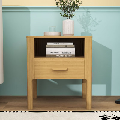 Wood Nightstand with 1 Drawer, Open Shelf, Curved Edges and Tapered Legs