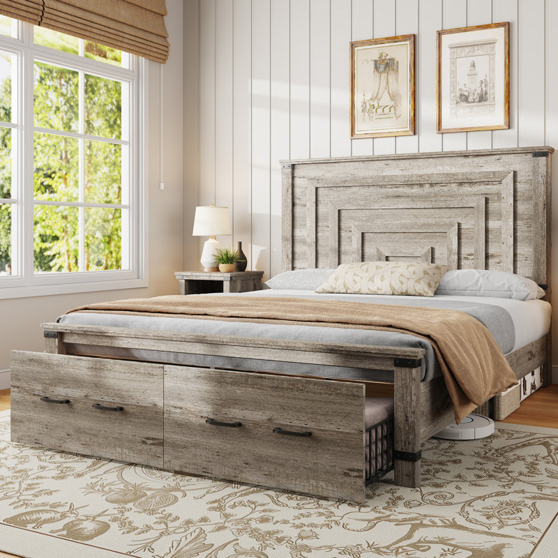 Farmhouse Wood Platform Queen Bed Frame with 54" Tall Geometric Headboard & Footboard, Gray, Gray, Queen