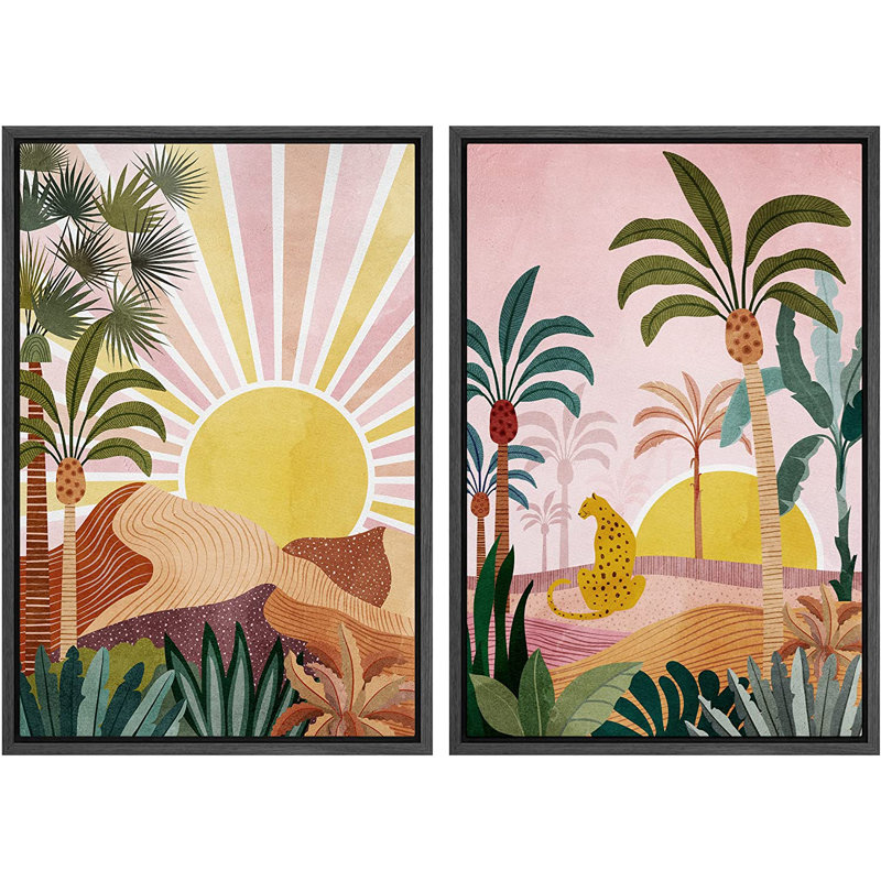 «Bright Preppy Animals Sunlight Over Tropical Jungle Cheetah Cat Nature», ensemble de 2 impressions encadrées sur toile, Noir