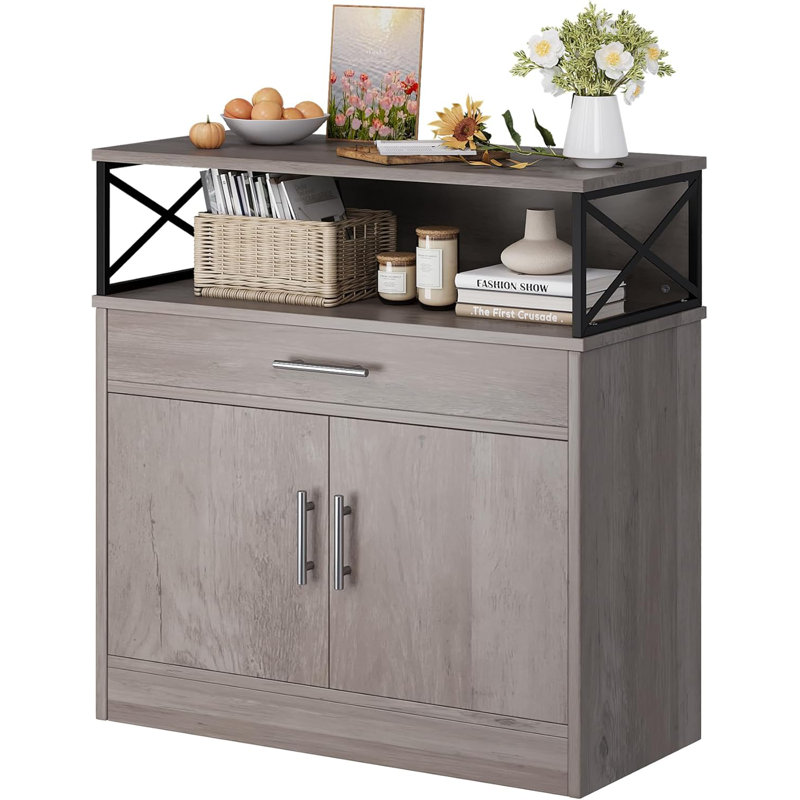Buffet avec rangement, armoire de rangement de cuisine moderne de 32 po avec rangement ouvert, tablette réglable, table basse en bois de style café pour la cuisine, la salle à manger,