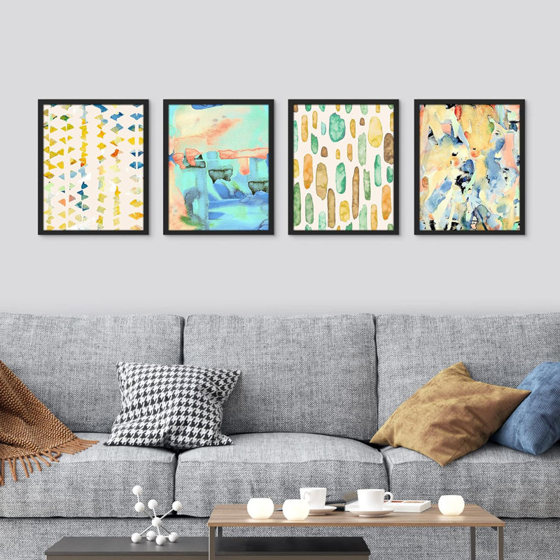 Ensemble de 4 reproductions murales abstraites géométriques encadrées sur papier de style Mid-Century pastel, Noir