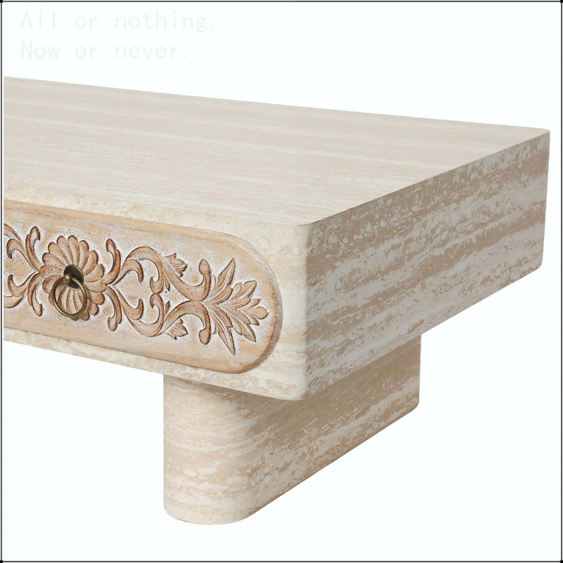 Rounded Edge Coffee Table with Flower Pattern Solid Wood Drawer