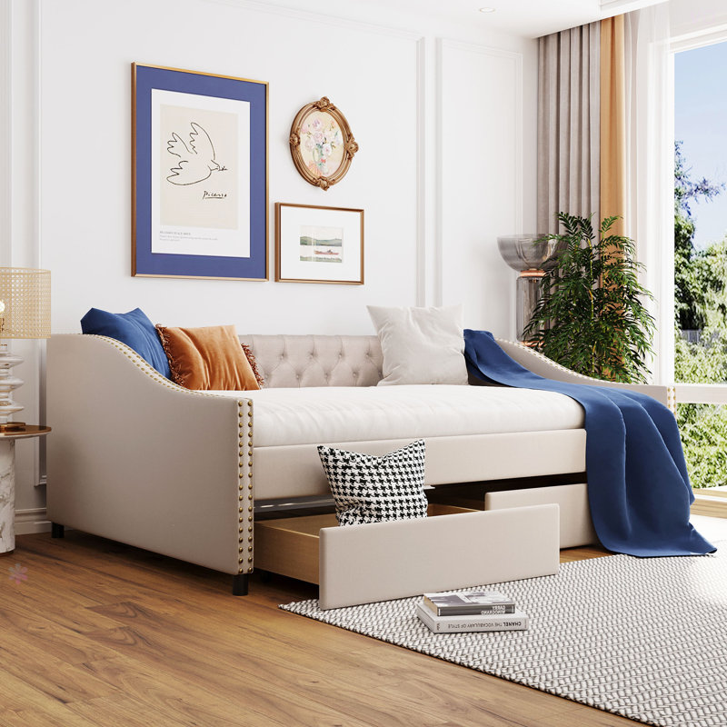Upholstered Daybed With Two Drawers, Wood Slat Support, Beige