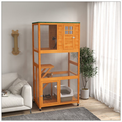 Maison de chat d'extérieur en bois résistante aux intempéries avec roues, grande capacité pour plusieurs chats, enclos pour chaton durable et spacieux