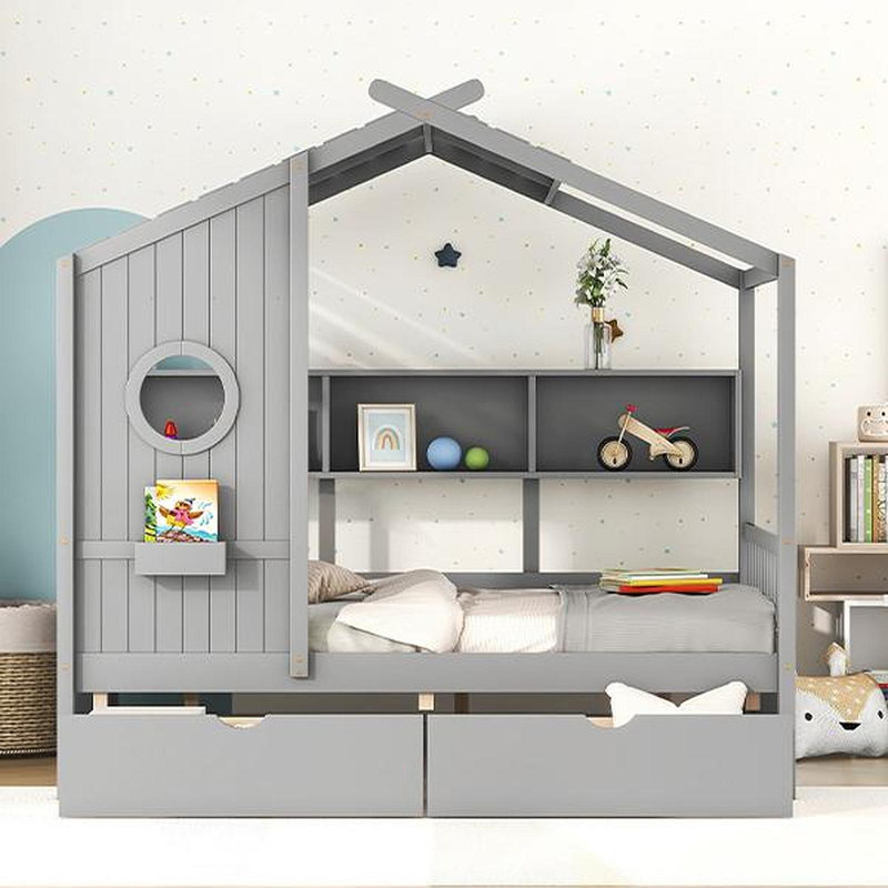 Lit double en bois avec 2 tiroirs, lit pour enfant avec tablette de rangement, gris, Double