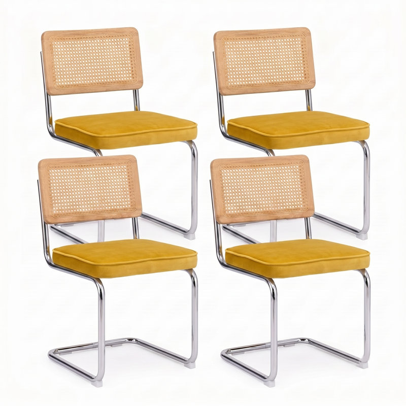 Chaise d'appoint en porte-à-faux avec dossier en rotin de canne et structure en acier, Yellow