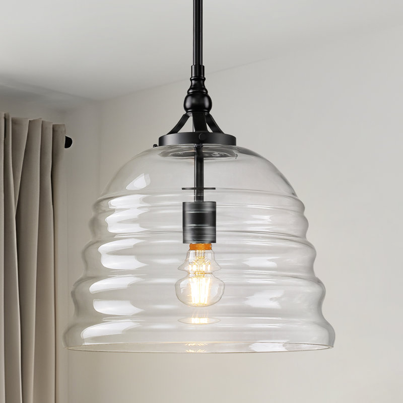 12 in 1-Light Modern Adjustable Hanging Single Pendant Light Fixture with Clear Ribbed Glass Dome Shade, Matte Black