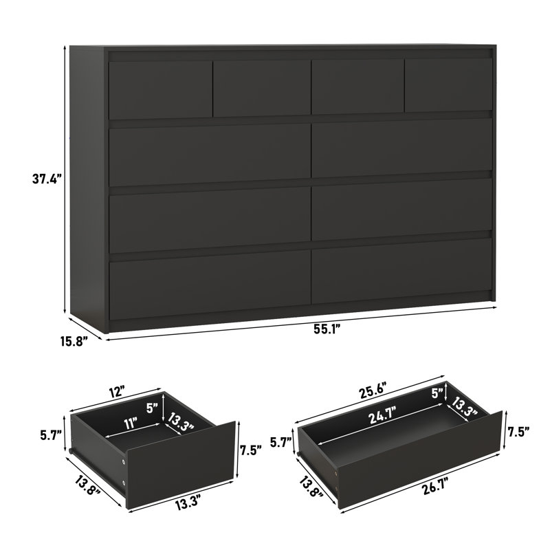 Commode 10 tiroirs 55,14 po avec 2 tiroirs, Black