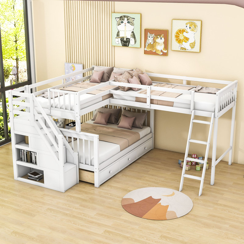 Harriet Bee Gianpiera Twin Over Full & Twin 3 Drawers L-Shaped Bunk Bed ...