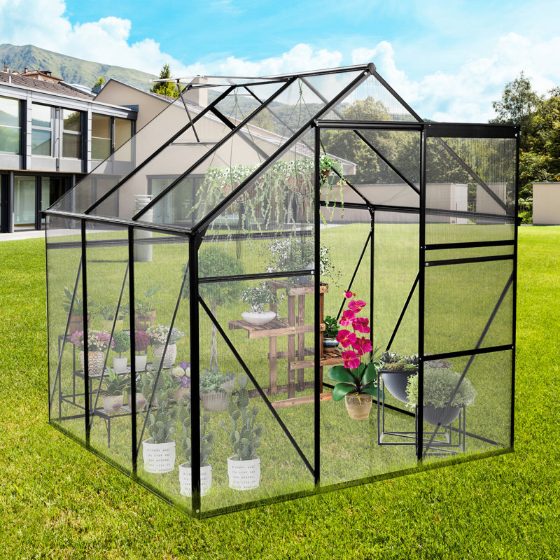 6X6ft Polycarbonate Greenhouse - Black, For All Season Yard Work Adjustable Roof, Sliding Door, Galvanized Base Heavy Duty Black Backyard Landscaping Enthusiasm
