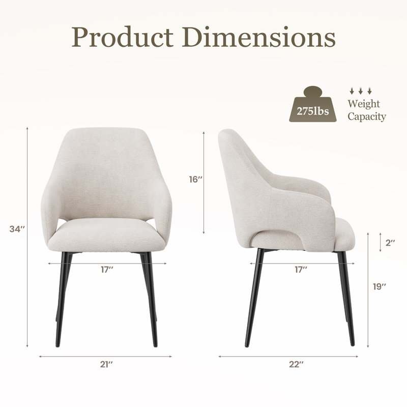 Fauteuil de salle à manger rembourré en tissu moderne avec pieds en métal et dossier ergonomique, Beige
