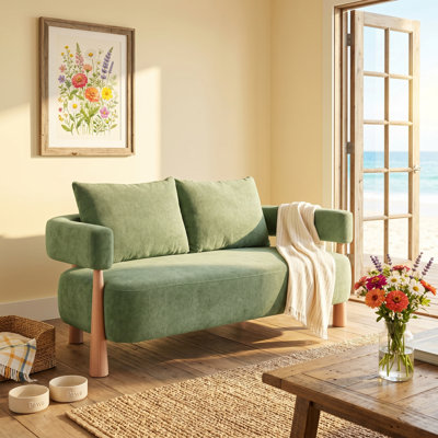 67" Chenille Upholstered Loveseat Sofa with Curved Arm & 2 Pillows, Green