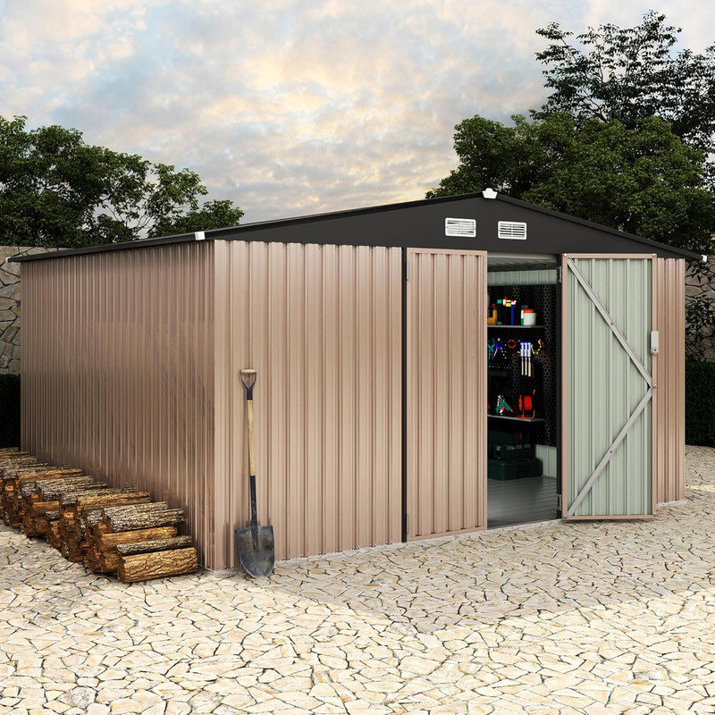 Remise de rangement en métal 10 pi x 12 pi avec plancher, porte verrouillable et évent, remise pour outils de jardin