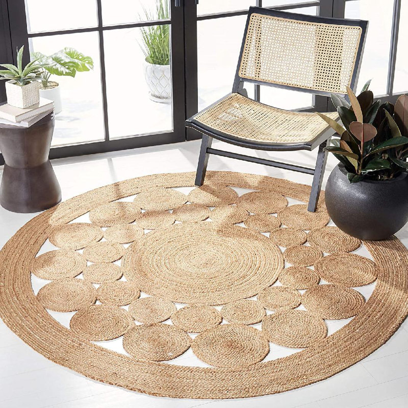 Tapis beige en jute de couleur unie tressé à la main, Rond 10 pi