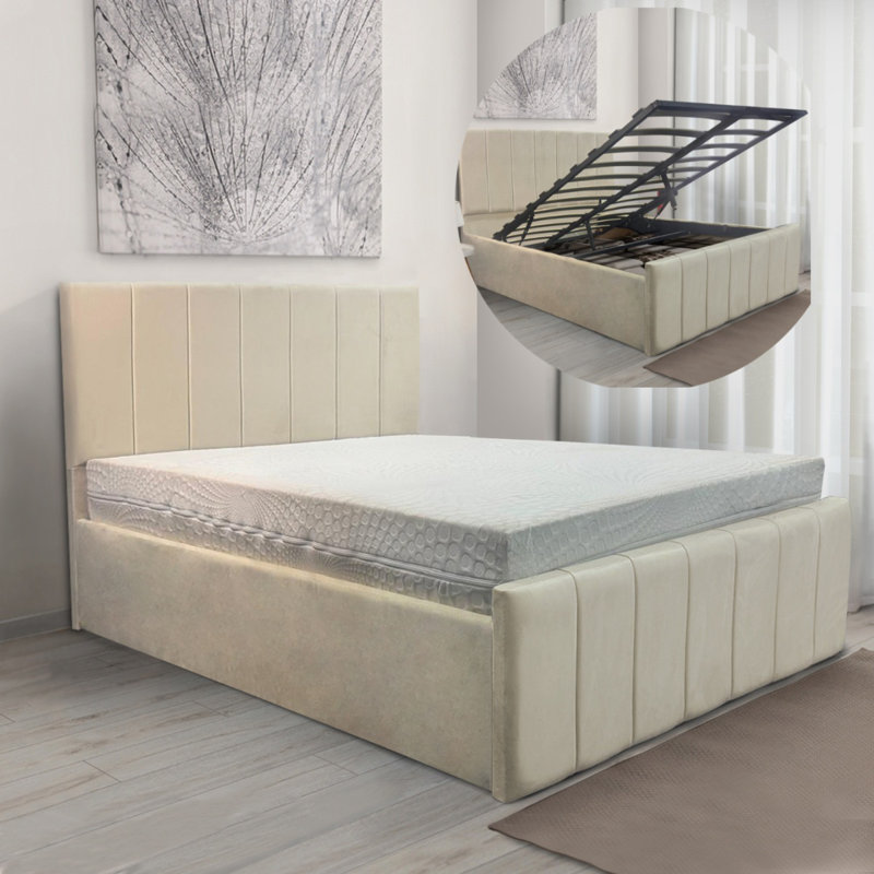 Upholstered Ottoman Storage Bed with Lift-Up Design, Beige, Kingsize (5')