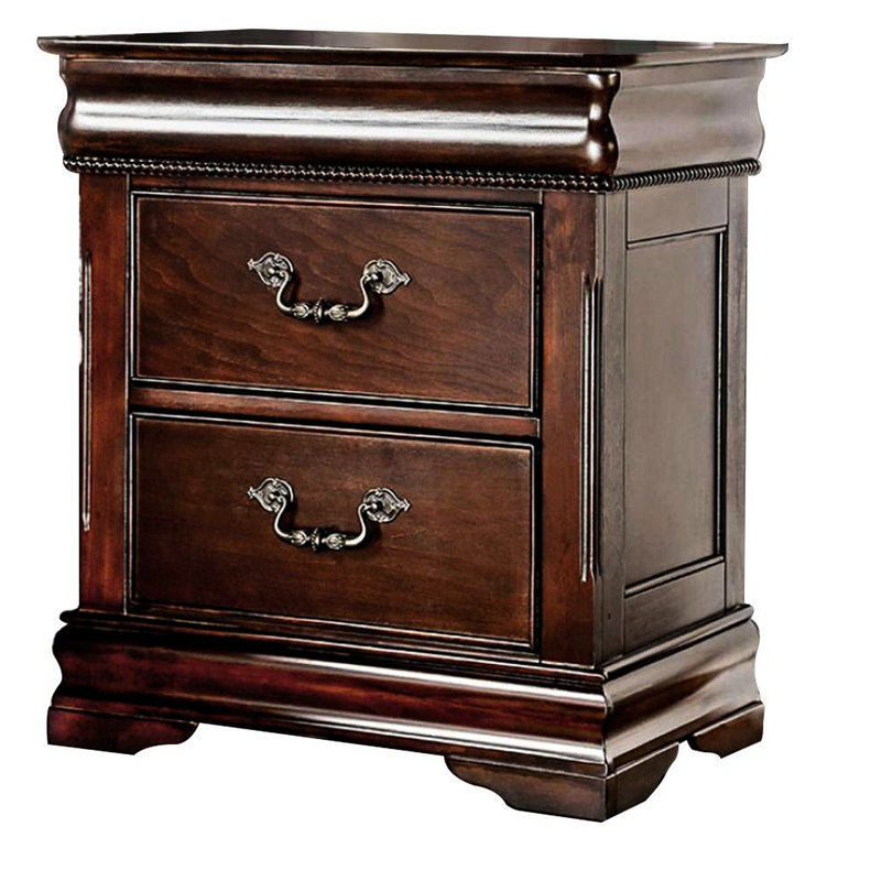 Table de chevet contemporaine avec dessus caché et 2 tiroirs en bois massif de couleur cerisier traditionnel