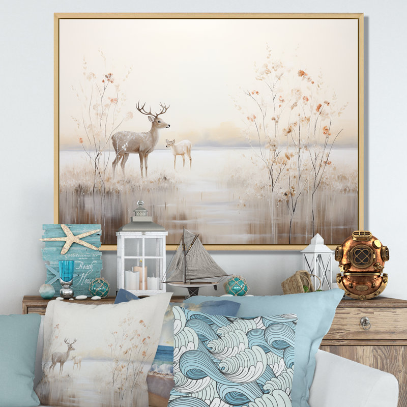 Décoration murale beige cerf en hiver - Animal côtier, H 30 po x l 40 po x P 1,5 po, Cadre naturel flottant