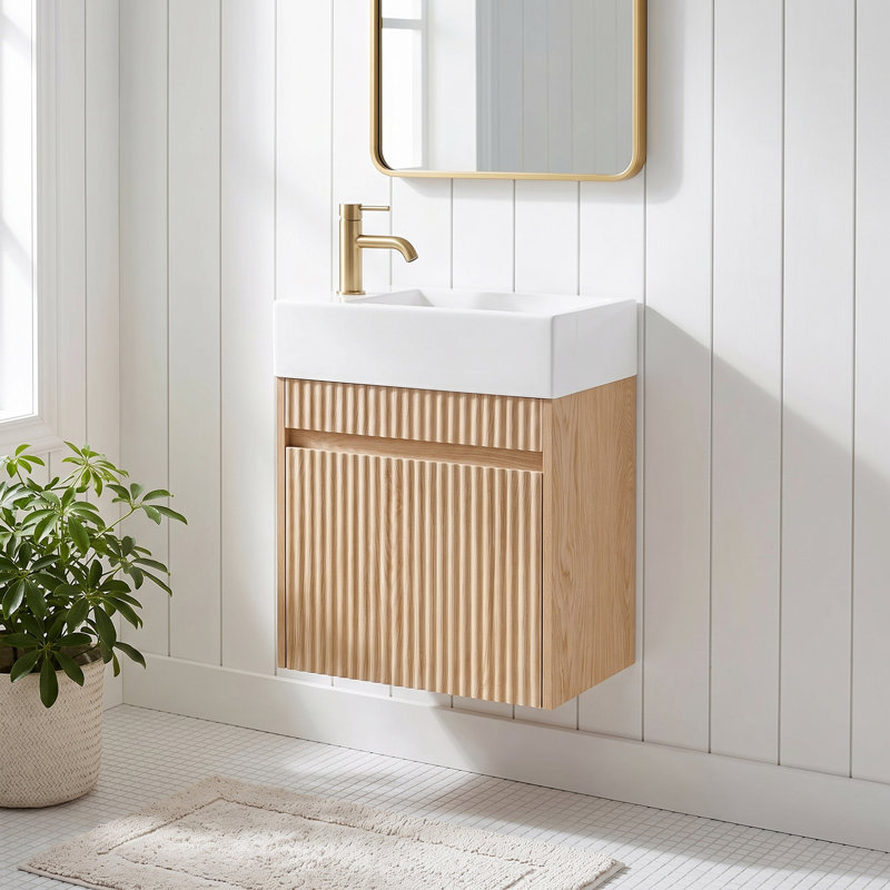 Meuble-lavabo flottant mural de 18,5 po, lavabo en résine, armoire sans poignée avec charnières à fermeture en douceur