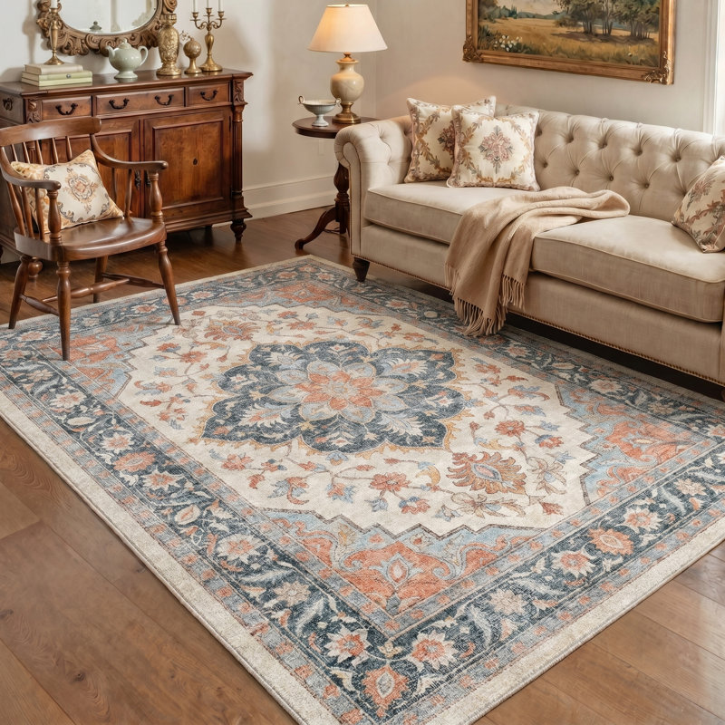 Tapis intérieur rouge / bleu / beige lavable à la machine Lumiere avec envers antidérapant, Rectangle 9 pi x 12 pi