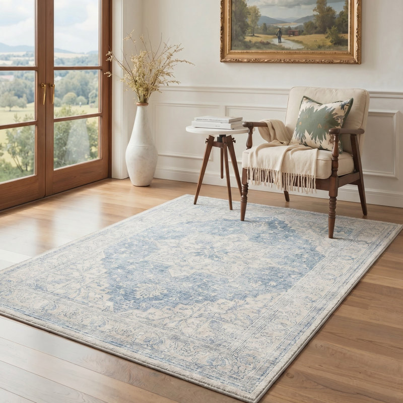 Tapis oriental ivoire / bleu lavable à la machine avec envers antidérapant, Rectangle 9 pi x 12 pi