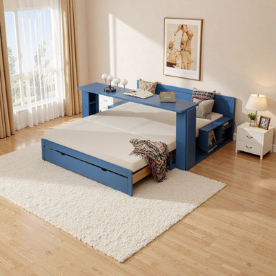 Queen Size Blue Daybed with Removable Desk, Hydraulic Side Table & Storage Drawers - Space-Saving 4-in-1 Multifunctional Sofa Bed