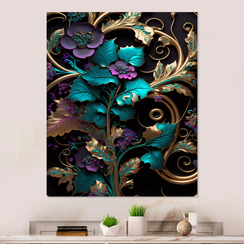 Rashotsky  Ornate Flowers In Purple And Gold III metal wall decor, 32" H x 16" W x 1" D