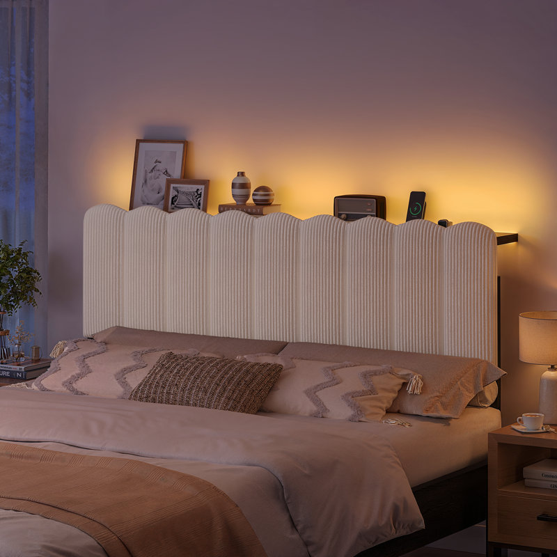 Full Size Striped Fleece Upholstered Headboard with LED Lights, Adjustable Height for 8-14 Inch Mattresses, Metal Legs, Full