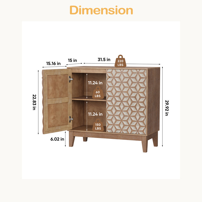 Buffet 31,5 pouces à conception géométrique, armoire décorative avec 2 portes et tablettes réglables, armoire décorative en bois avec espace de rangement