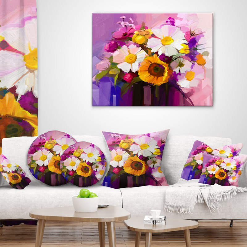 Bouquet de fleurs blanches rouges et jaunes - coussin à imprimé floral, 16 po x 1 po, Coussin décoratif