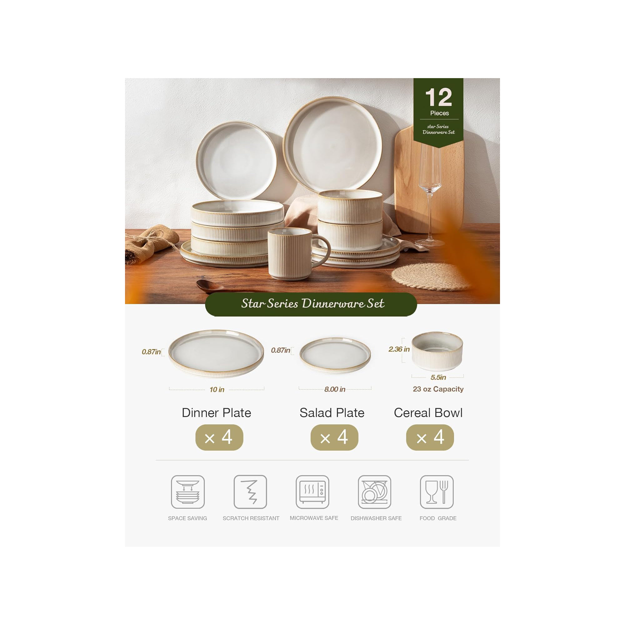 Stoneware Dinnerware Set, Service for 4, Cappuccino White